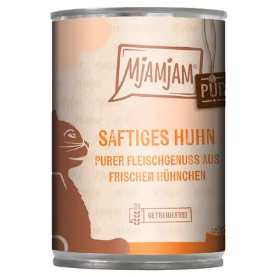 Conservă MjAMjAM pentru pisici, text vizibil: SAFTIGES HUHN, PURER FLEISCHGENUSS AUS FRISCHEM HÜHNCHEN, GETREIDEFREI. Textul este în limba germană.