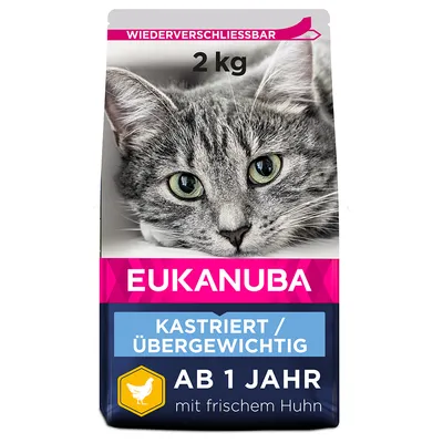 Eukanuba храна за котки, 2 кг, с повторно затваряща се опаковка. За кастрирани или с наднормено тегло котки над 1 година, с прясно пиле.