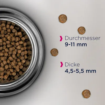 Dimensiuni granule: diametru 9–11 mm, grosime 4,5–5,5 mm. Text în limba germană: Durchmesser 9–11 mm, Dicke 4,5–5,5 mm. Imagine cu bol metalic plin cu granule.