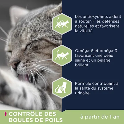 Contrôle des boules de poils, à partir de 1 an. Antioxydants pour les défenses naturelles, oméga-6 et oméga-3 pour la peau et le pelage, formule pour la santé urinaire.