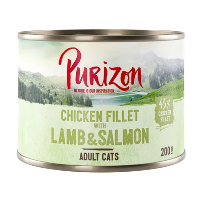 Purizon Chicken Fillet with Lamb & Salmon, 45 % chicken fillet, 200 g, Adult Cats. Texte en anglais.