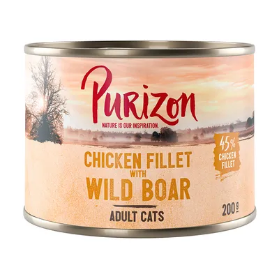 Purizon Chicken Fillet with Wild Boar, 45 % chicken fillet, 200 g, pour chats adultes. Texte en anglais sur l’emballage.
