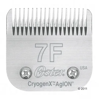 Oster CryogenX AgION 7F clipper blade, metal, visible text: '7F', 'Oster', 'CryogenX AgION', 'USA'. Two screws at the bottom. ©2011.
