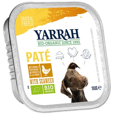 Yarrah Bio-Organic Paté with Seaweed, 150g. Grain free recipe. Mit Huhn & Truthahn. BIO ORGANIC. Pure food, care for all animals, for a better planet. Dog image on packaging.