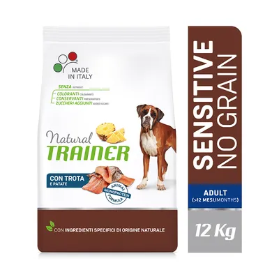 Natural Trainer Hundefutter, Sensitive No Grain, mit Forelle und Kartoffeln, Monoprotein-Formel, für Erwachsene Hunde ab 12 Monaten, Made in Italy, ohne Farbstoffe, Konservierungsstoffe, Zuckerzusatz.