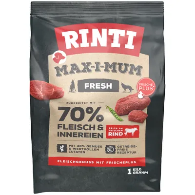 Rinti Max-i-mum Fresh alimento para perros, preparado con 70% carne y vísceras, rico en ternera fresca, receta sin cereales, con 30% verduras e ingredientes valiosos. Tamaño: 1 kg.