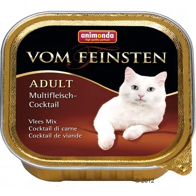 animonda Vom Feinsten ADULT Multifleich-Cocktail, Vlees Mix, Cocktail di carne, Cocktail de viande. Embalagem com imagem de um gato branco.