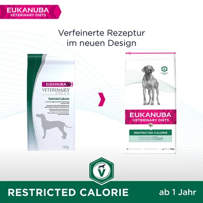 Eukanuba Veterinary Diets Restricted Calorie. Verfeinerte Rezeptur im neuen Design, geeignet für Hunde ab 1 Jahr.