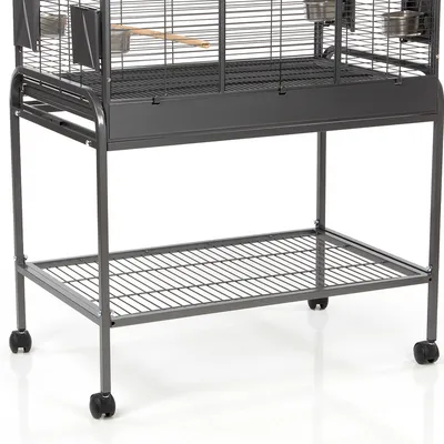 Gabbia in metallo per uccelli con ripiano inferiore, ciotole in acciaio e posatoio in legno, struttura su ruote.