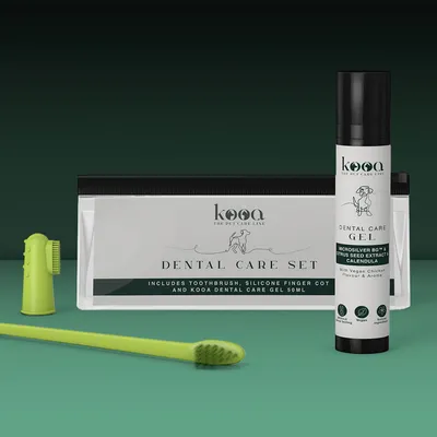 kooa Dental Care Set with toothbrush, silicone finger brush and kooa Dental Care Gel 50ml. With MicroSilver BG™, citrus seed extract, calendula, vegan chicken flavour and aroma.