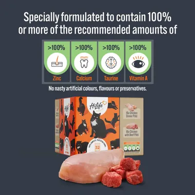 Product contains over 100% of recommended zinc, calcium, taurine and vitamin A. No artificial colours, flavours or preservatives. Shows chicken and beef ingredients with product packaging.