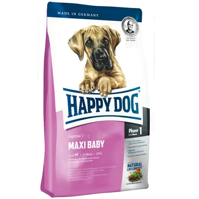 Balenie krmiva Happy Dog Maxi Baby, Supreme Young, Phase 1, 1–5 mesiacov, vyrobené v Nemecku. Viditeľný obrázok šteňaťa a text Natural Life Concept.