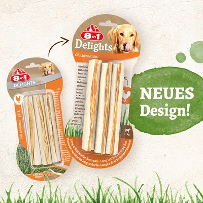 8in1 Delights Chicken Sticks z okusno piščančjo prsi v notranjosti, nova zasnova, primerno za pse nad 1 kg.