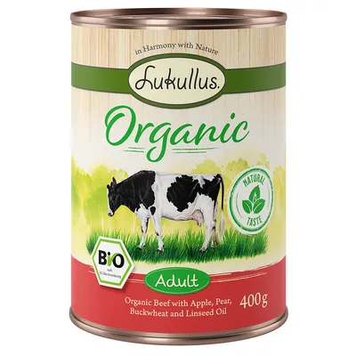 Lukullus Organic Adult, ternera ecológica con manzana, pera, trigo sarraceno y aceite de lino. Lata de 400g, ingredientes naturales, certificado ecológico DE-ÖKO-001.