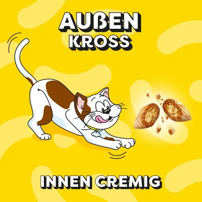 Illustration einer Katze mit Text: 'Aussen kross, innen cremig' und Bild eines aufgebrochenen Snacks mit cremiger Füllung.