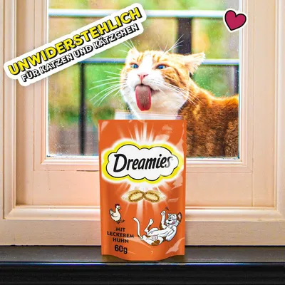 Dreamies mit leckerem Huhn, 60g. Unwiderstehlich für Katzen und Kätzchen. Verpackung vor Fenster mit Katze im Hintergrund.