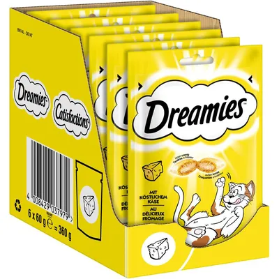 Dreamies Katzensnacks mit köstlichem Käse, Packung à 60g, Gesamtinhalt 360g. Illustration einer Katze und Käsewürfel auf gelber Verpackung.
