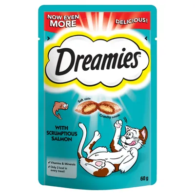 Dreamies with scrumptious salmon, soft inside and crunchy outside, contains vitamins and minerals, only 2 kcal per treat, 60g pack. Now even more delicious.
