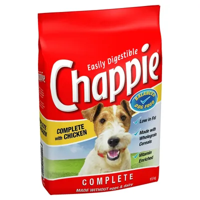Chappie complete with chicken, easily digestible, balanced dog food. Low in fat, made with wholegrain cereals, vitamin enriched, made without eggs and dairy. 15kg bag.