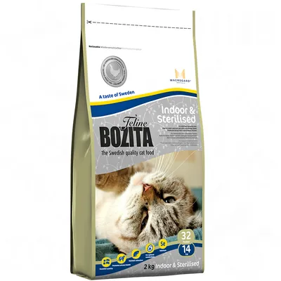 Bozita Feline Indoor & Sterilised, hrană uscată pentru pisici sterilizate, 2 kg. Text vizibil: The Swedish quality cat food, 32% proteină, 14% grăsime, A taste of Sweden, MacroGard.