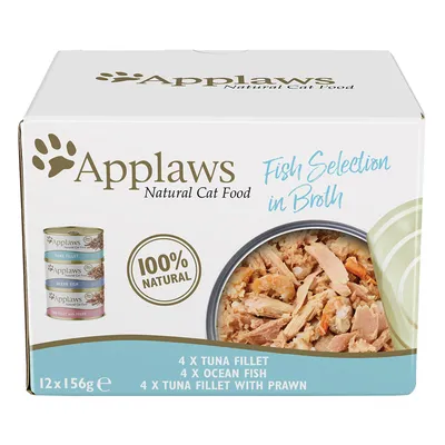 Applaws Natural Cat Food, Fish Selection in Broth, 100% natuurlijk. Inhoud: 4x tonijnfilet, 4x zeevis, 4x tonijnfilet met garnaal. Verpakking met 12 blikken van 156g.