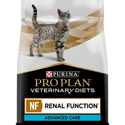 Purina Pro Plan Veterinary Diets NF Renal Function Advanced Care. Emballage med kat og guld-sort design. Purina Pro Plan Veterinary Diets NF Renal Function Advanced Care. Emballage med kat og guld-sort design.