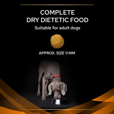 Complete dry dietetic food for adult dogs, showing a kibble piece approximately 11 mm in size and a dog eating from a bowl.