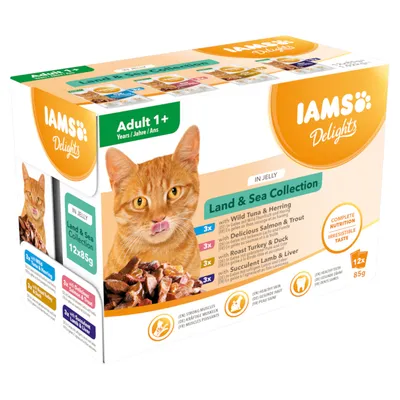 IAMS Delights Adult 1+ Land & Sea Collection en gelée, lot de 12x85g. Saveurs : thon et hareng, saumon et truite, dinde et canard, agneau et foie. Pour chats adultes.