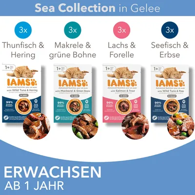 IAMS Sea Collection en gelée, 4 variétés : thon & hareng, maquereau & haricot vert, saumon & truite, poisson de mer & pois. Pour chats adultes dès 1 an. Texte principal en allemand.