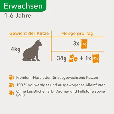 Tableau d’alimentation pour chat adulte 1–6 ans, 4 kg : 3×85g ou 34g croquettes + 1×85g. Texte en allemand sur la qualité premium, l’équilibre nutritionnel et l’absence d’additifs artificiels.