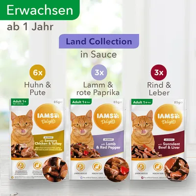 IAMS Delights Land Collection en sauce pour chats adultes dès 1 an : 6x poulet et dinde, 3x agneau et poivron rouge, 3x bœuf et foie. Sachets de 85 g chacun. Texte en allemand et anglais.