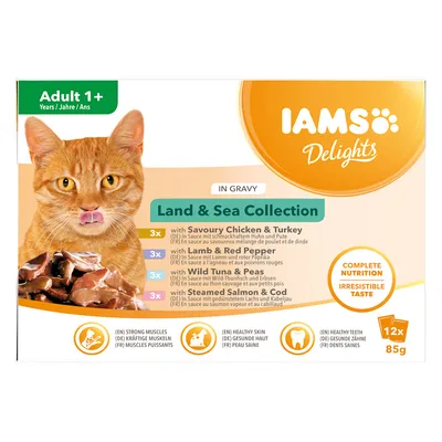 IAMS Delights Land & Sea Collection kissan märkäruoka, 12 x 85 g. Maut: kana & kalkkuna, lammas & paprika, tonnikala & herneet, lohi & turska. Adult 1+, kastikkeessa.