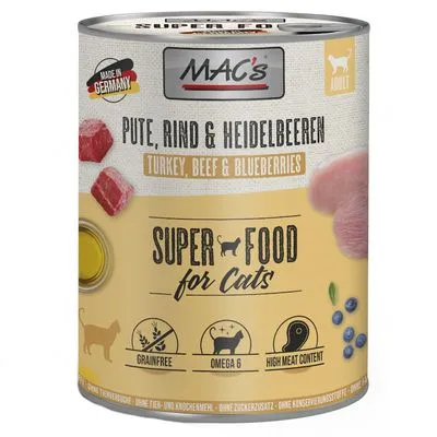 MAC's Pute, Rind & Heidelbeeren natvoer voor katten. Super Food for Cats. Grainfree, Omega 6, High Meat Content. Made in Germany. Kalkoen, rundvlees en bosbessen zichtbaar op blik.