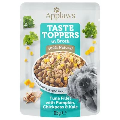 Applaws Taste Toppers in Broth, 100% přírodní. Filet z tuňáka s dýní, cizrnou a kapustou. Doplněk ke granulím pro psy, 85g.