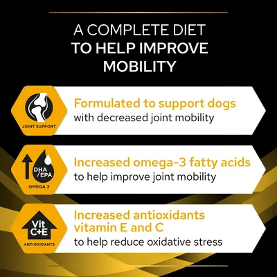 A complete diet to help improve mobility, formulated to support dogs with decreased joint mobility, increased omega-3 fatty acids, and antioxidants vitamin E and C.
