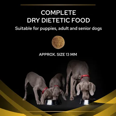 Complete dry dietetic food, suitable for puppies, adult and senior dogs. Kibble size approximately 13 mm. Three dogs eating from bowls shown below the text.