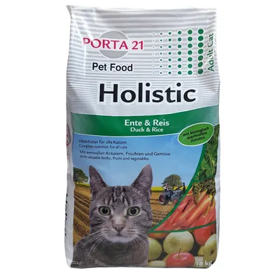 Porta 21 Pet Food Holistic Ente & Reis Duck & Rice per gatti adulti, con ingredienti biologici selezionati, erbe, frutta e verdura. Confezione da 10 kg.