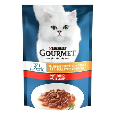 Purina Gourmet Perle, εκλεκτές λωρίδες σε σάλτσα, με βοδινό. Η συσκευασία δείχνει λευκή περσική γάτα και μπολ με κομμάτια κρέατος σε σάλτσα.
