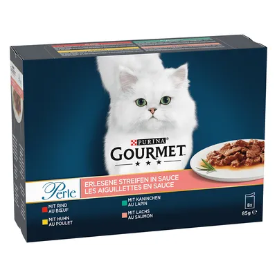 Balení Purina Gourmet Perle, 8×85 g. Viditelný bílý kocour, talíř s masem v omáčce. Text: Mit Rind, Mit Huhn, Mit Kaninchen, Mit Lachs.