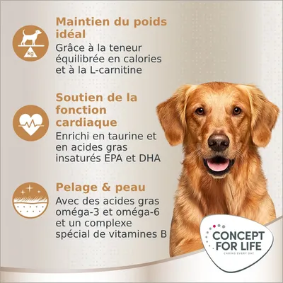 Maintien du poids idéal, soutien de la fonction cardiaque, pelage & peau. Concept for Life. Enrichi en L-carnitine, taurine, EPA, DHA, oméga-3, oméga-6, complexe vitamines B.