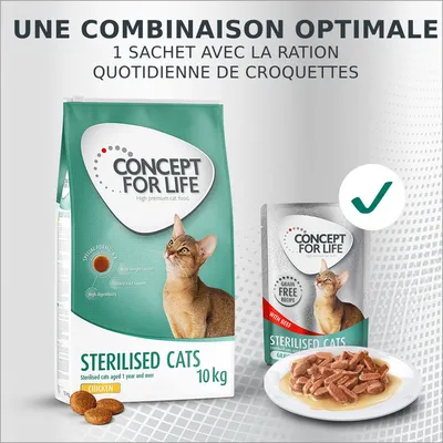 Concept for Life Sterilised Cats 10 kg croquettes poulet et sachet fraîcheur avec bœuf, texte : une combinaison optimale, 1 sachet avec la ration quotidienne de croquettes.