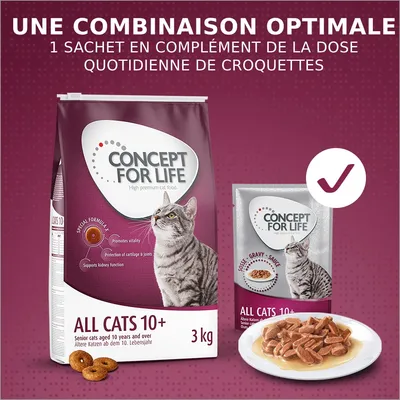 Concept for Life All Cats 10+ 3 kg, sachet et croquettes pour chats âgés, texte : une combinaison optimale, 1 sachet en complément de la dose quotidienne de croquettes.