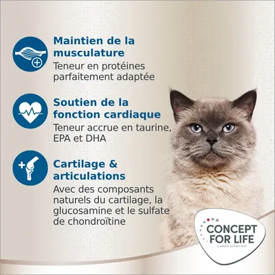 Maintien de la musculature, soutien de la fonction cardiaque, cartilage & articulations. Concept for Life. Teneur en protéines, taurine, EPA, DHA, glucosamine, sulfate de chondroïtine.