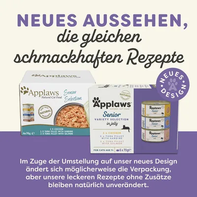Saksankielinen teksti: NEUES AUSSEHEN, die gleichen schmackhaften Rezepte. Applaws Senior Selection kissaruoat, uusi pakkausdesign. Alhaalla lisäteksti saksaksi muutoksesta.