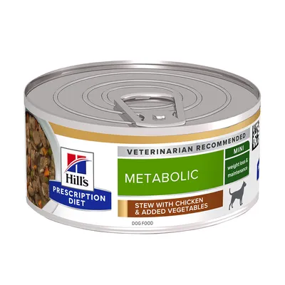 Hill's Prescription Diet Metabolic Mini, polecany przez weterynarzy, gulasz z kurczakiem i warzywami, kontrola wagi dla psów. Puszka z wieczkiem z zawleczką.