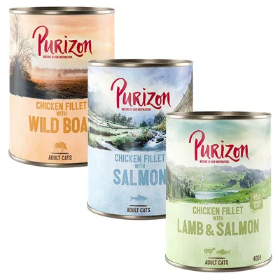 Purizon Chicken Fillet with Wild Boar, Salmon ja Lamb & Salmon -kissanruokapurkit. Tekstit: Adult Cats, 45 % chicken fillet, 400 g.