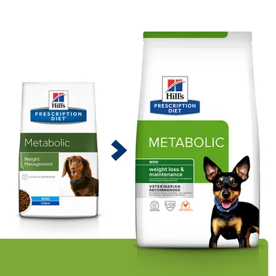 Hill's Prescription Diet Metabolic MINI. Venstre pose: Weight Management, højre pose: weight loss & maintenance, VETERINARIAN RECOMMENDED. Billeder af to små hunde på poserne.