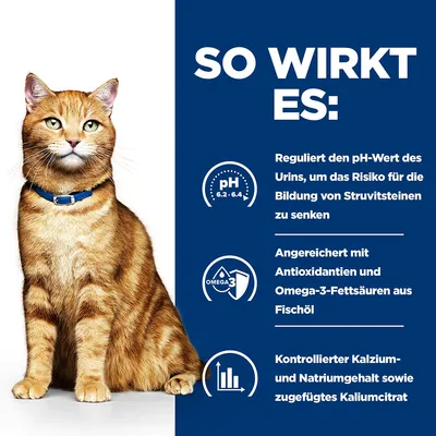 So wirkt es: Reguliert den pH-Wert des Urins, angereichert mit Antioxidantien und Omega-3-Fettsäuren, kontrollierter Kalzium- und Natriumgehalt sowie zugefügtes Kaliumcitrat.