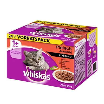 Whiskas 1+ Jahre Vorratspack, Fleisch Auswahl in Sauce, 24 x 100 g. Huhn und Erbsen, Rind, Pute, Lamm und Karotten. Tekst na njemačkom jeziku.