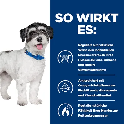 So wirkt es: Reguliert den Energieverbrauch des Hundes für sichere Gewichtsabnahme, angereichert mit Omega-3-Fettsäuren, Glucosamin und Chondroitinsulfat, fördert Fettverbrennung.